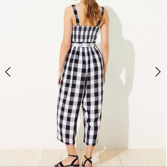 LOFT wide leg cropped plaid checkered gingham belted smocked jumpsuit romper M - Picture 2 of 10